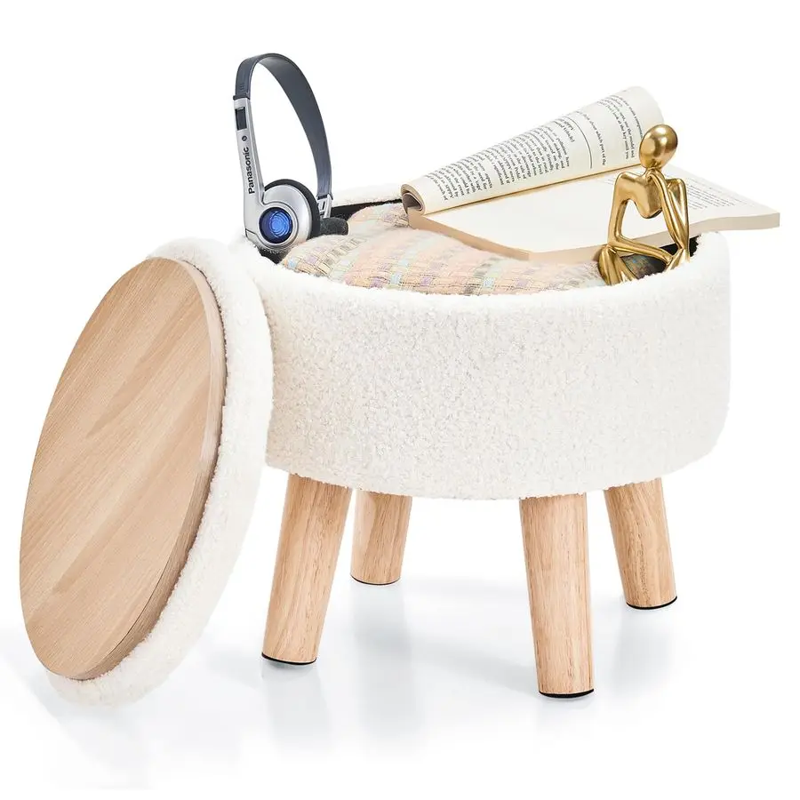 

Small Ottoman with Storage, Small Foot Stool Ottoman with Wood Legs, Sherpa Foot Rest for Couch, Living Room and Bedroom White