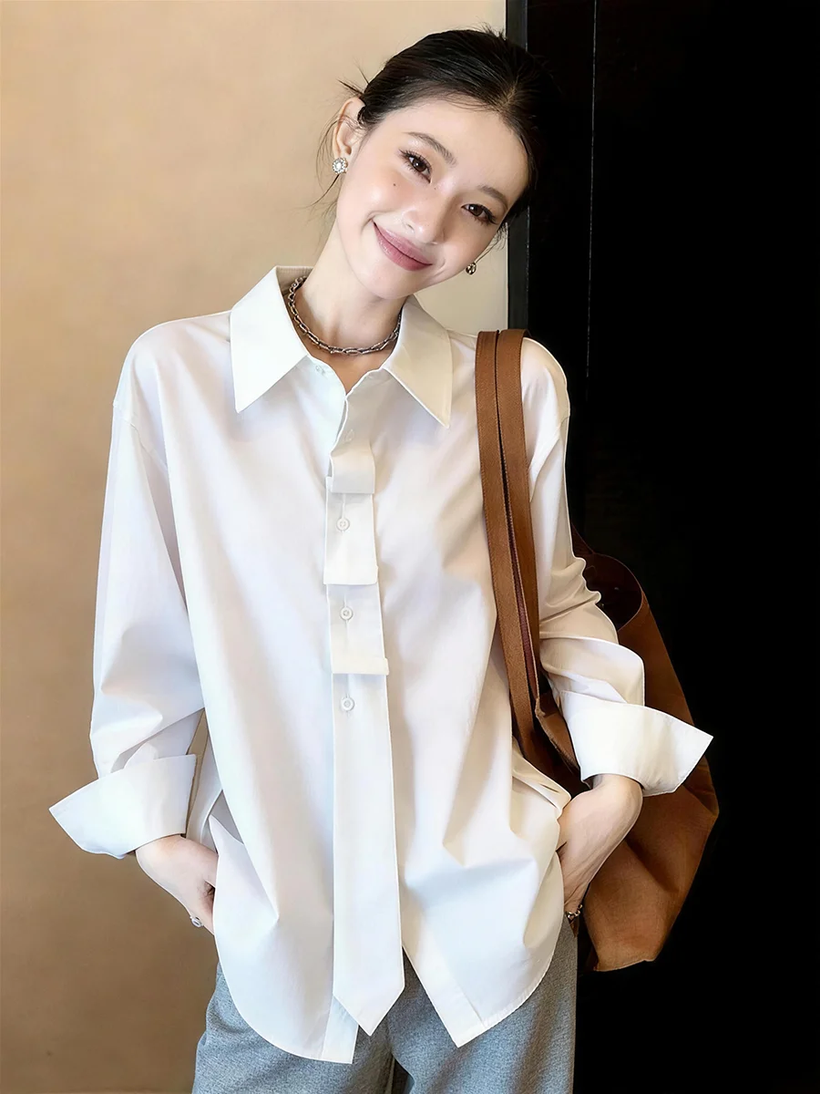 

Simple Casual Women's White Shirt Lazy Style Spring 2026 Loose Fit Versatile Tie Design Commute Style Pure Cotton Long Sleeve