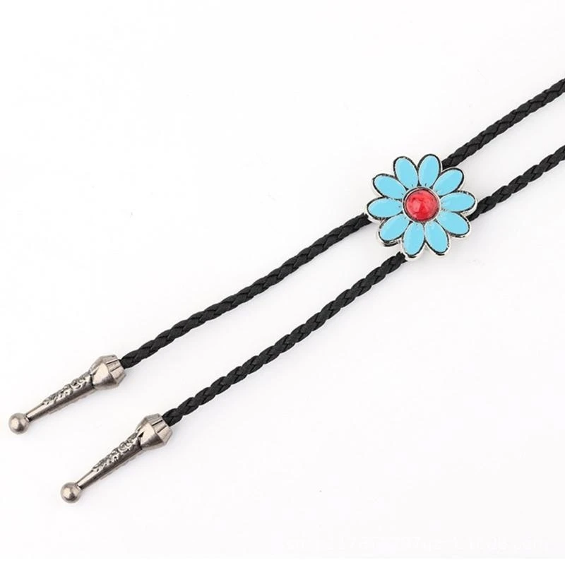 Bolo Tie for Men Western Cowboy Necktie with Alloy Flower&Gemstones Buckle Decor
