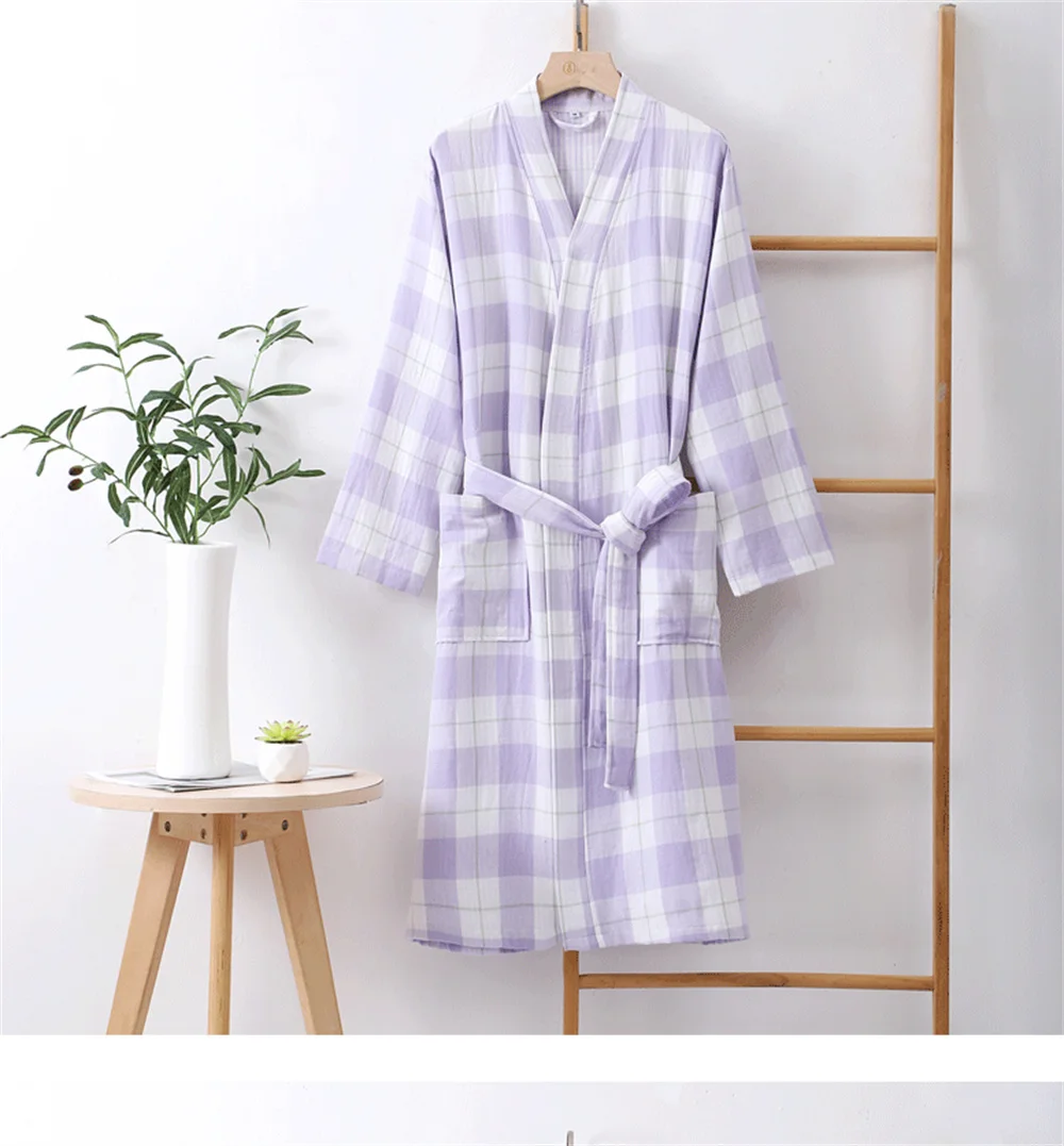 Plaid Print Kimono Robes Couples Homewear V-Neck Cotton Cardigan Thin Absorbent Quick Drying Bathrobes