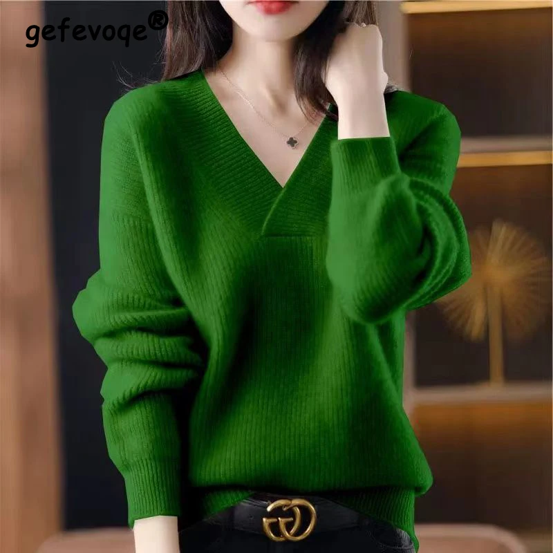 New Autumn and Winter Women Trendy V Neck Long Sleeve Soft Basic Knitted Sweater Female Solid Loose Pullover Tops Casual Jumpers