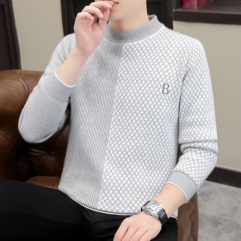 Autumn Winter Jacquard Men Half Turtleneck Sweater Long Sleeve Slim Fit Casual Knitted Pullover Business Social Knitwear Tops