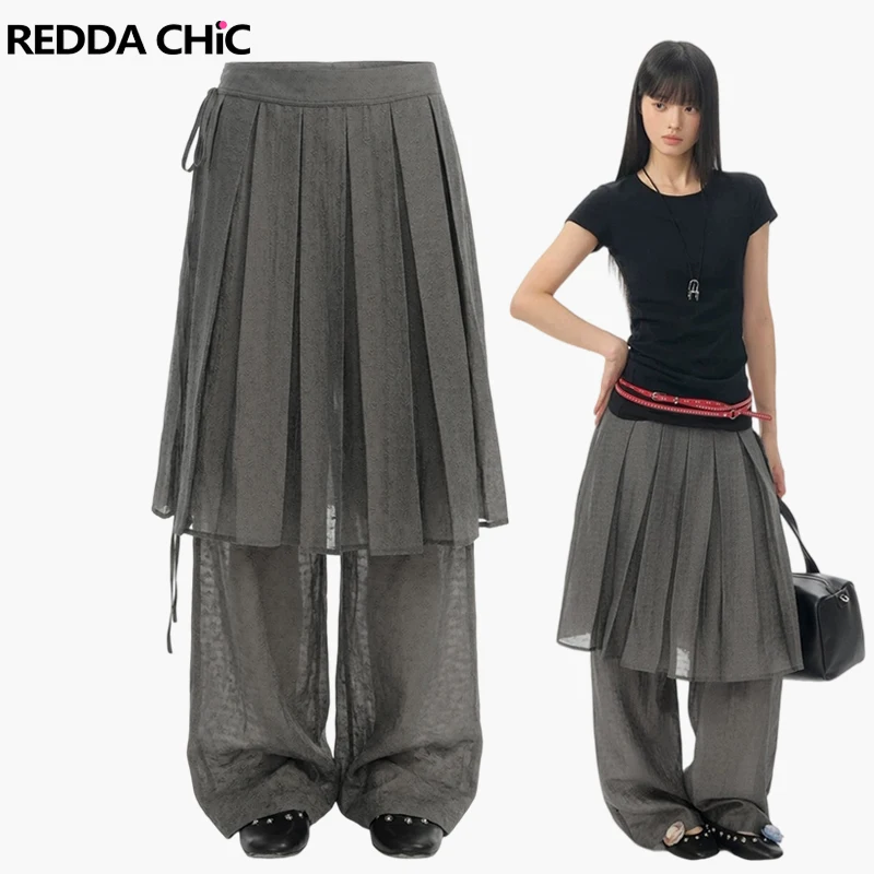 REDDACHiC Women Stitch Skirt Wide Leg Pants Trendy Thin Jacquard Pleat Skirt Overlay Causal Pants Alternative Summer Clothes