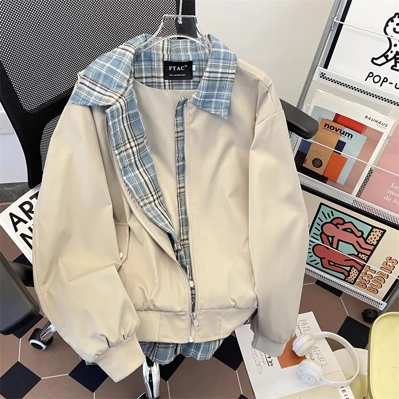 

Casual Plaid Patchwork Jaet Men's Spring Vintage Loose Fit Couple's Top Youth Faion Anti-Static Windproof Zipper Closure