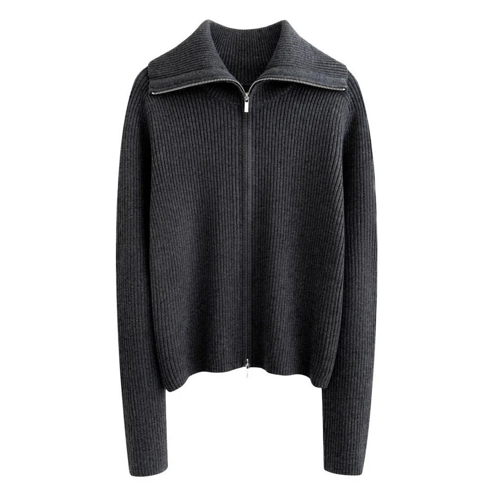 

Autumn Winter Double Zipper Women Knitted Cardigan Women Lapel Long Sleeve Solid Color Sweater Soft Casual Top Outerwear