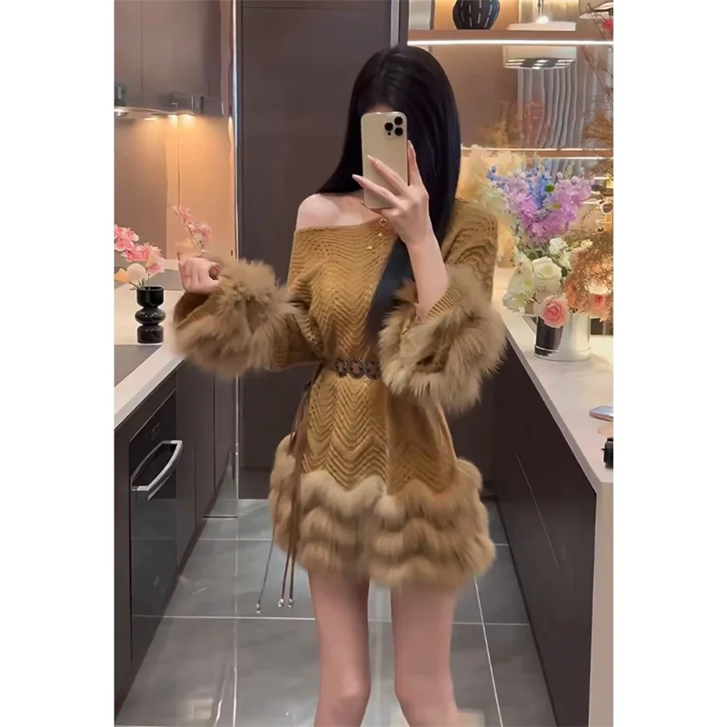 Women's Sweater New Gentle Wind Mao Mao Stitching Soft Waxy Pullover Sweater Women's Autumn and Winter new Loose High Sense