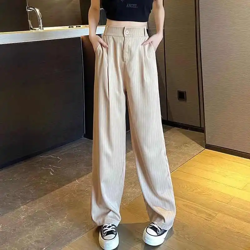 여성용 하이웨이스트 스트라이프 스트레이트 팬츠 캐주얼 롱 트라우저 반사 요소 자수 디테일 폴리에스터 코튼 B...