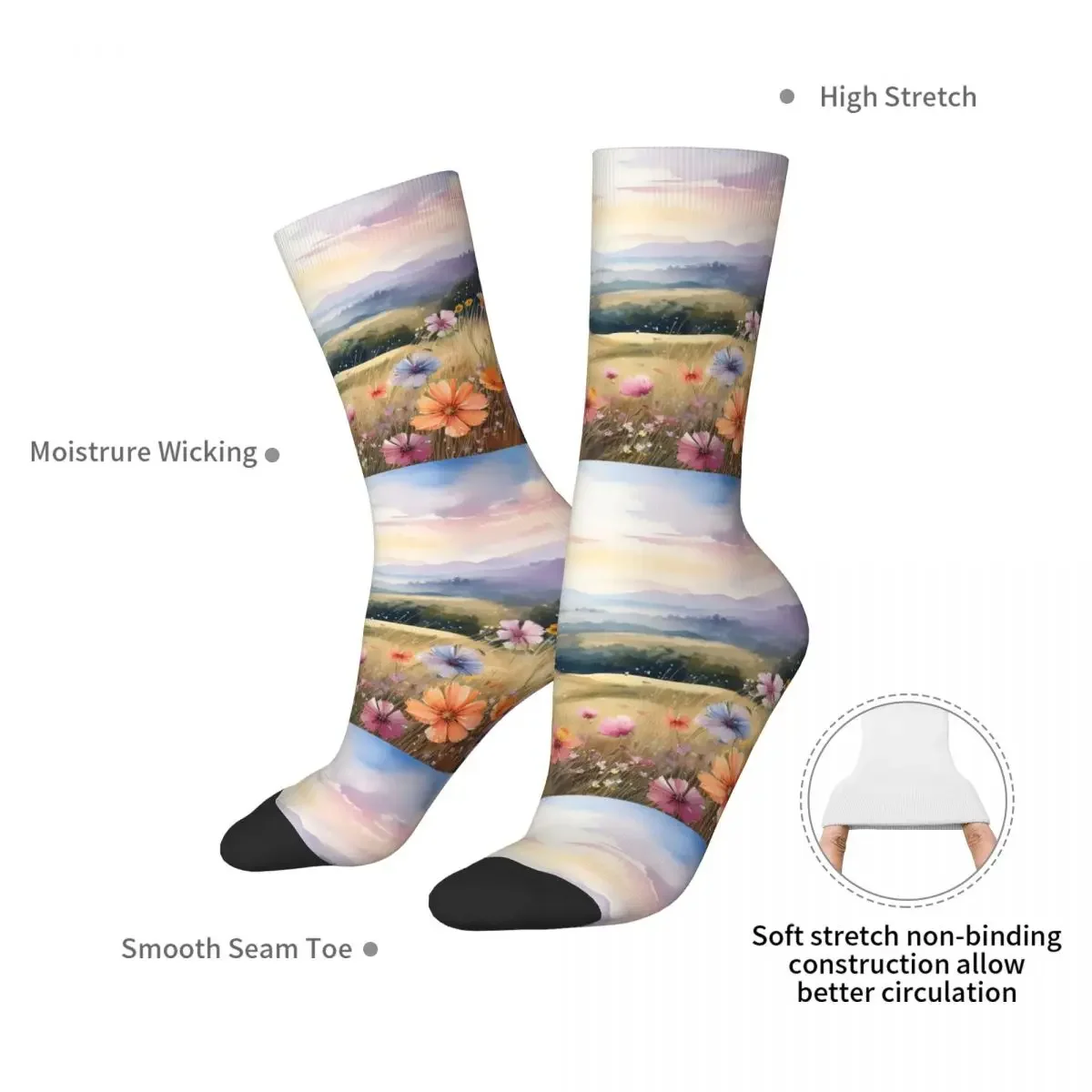 Beautiful Meadow With Flowers Illustration Watercolor Socks Super Soft Stockings All Season Long Socks Accessories for Unisex