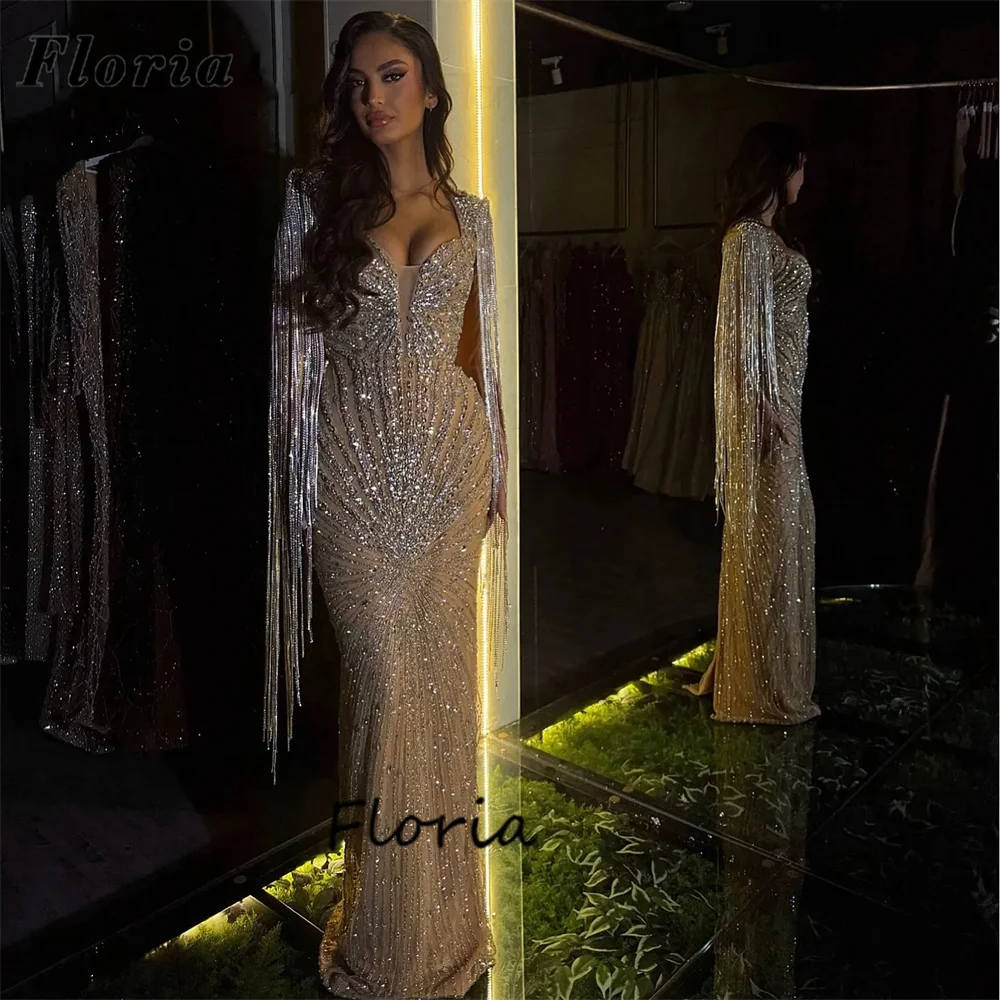

Elegant Silver Mermaid Evening Dresses Cape Long Cloak Wedding Party Dress Dubai Beaded Prom Dress Vestidos De Cóctel Customized