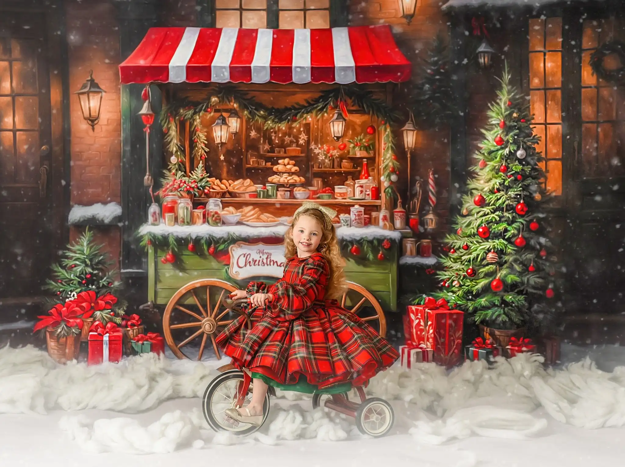 Christmas Cart Store Photography Backdrop Kids Family Photocall Child Baby Photocall Decors Snowy Xmas Trees Backgrounds