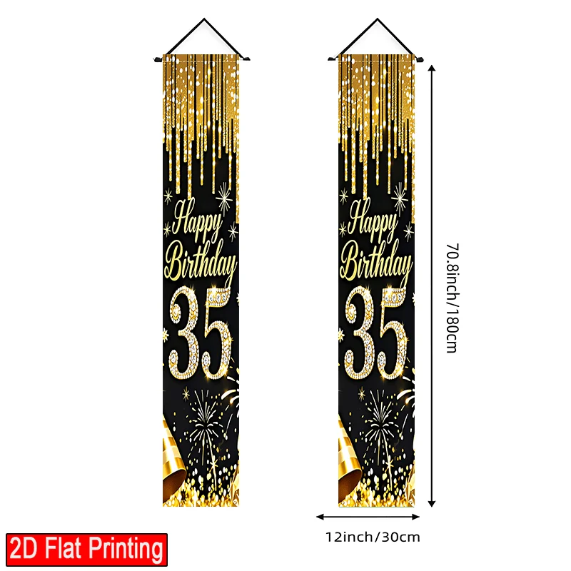 2D Flaches 2er-Pack Happy Birthday Banner mit Schwarz-Gold-Fransen für die Feier des 35. Geburtstags, geeignet für den Außenbereich – Detail 1