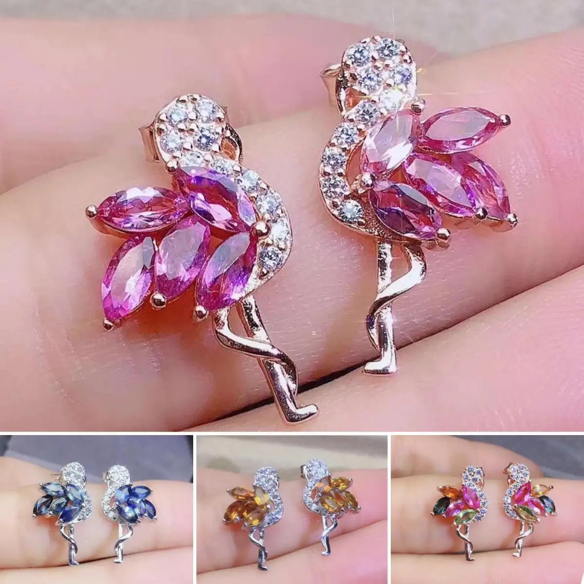 

FS Natural Tourmaline/Sapphire/Emerald/Tsavorite Flamingo Earrings S925 Sterling Silver Fine Fashion Jewelry For Women MeiBaPJ