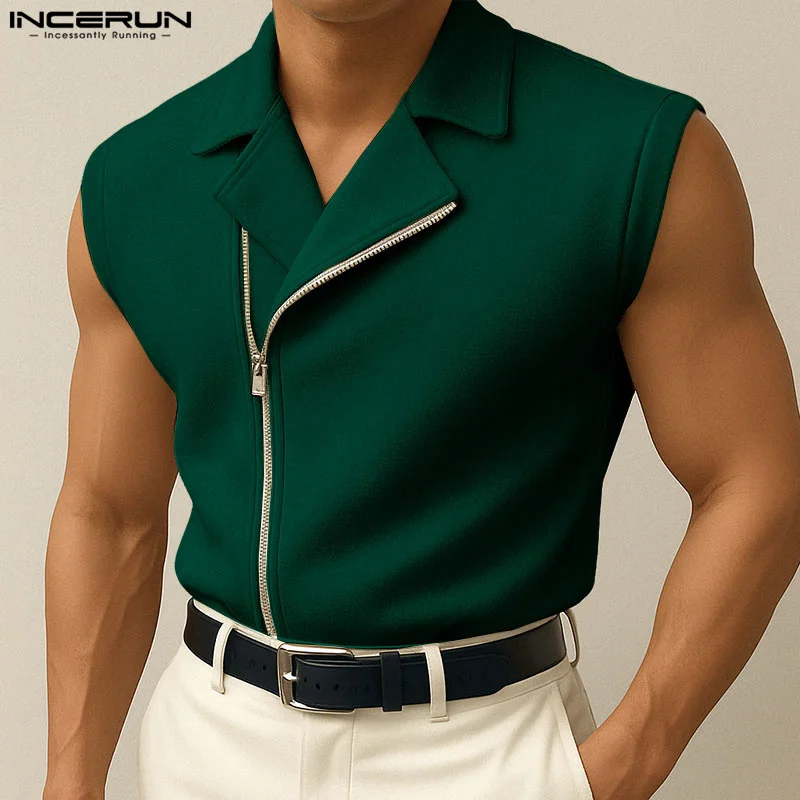 

INCERUN Sleeveless Tops Tee Summer Men Tank Tops Solid Color Zipper Lapel Vests Male Tops Oversize Men's Clothing Streetwear