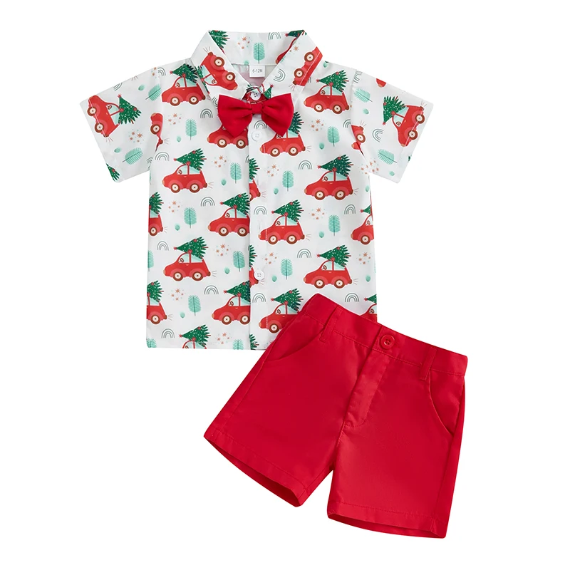 Conjunto de verano de camisa de manga corta con botones y pantalones cortos, traje de Navidad para niño pequeño, estampado de árbol de coche