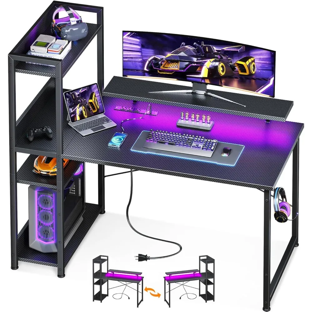 

ODK Reversible Gaming Desk LED Lights, 40 Inch Computer Desk with Storage Shelves & Monitor Stand, Study Table for Home Office,