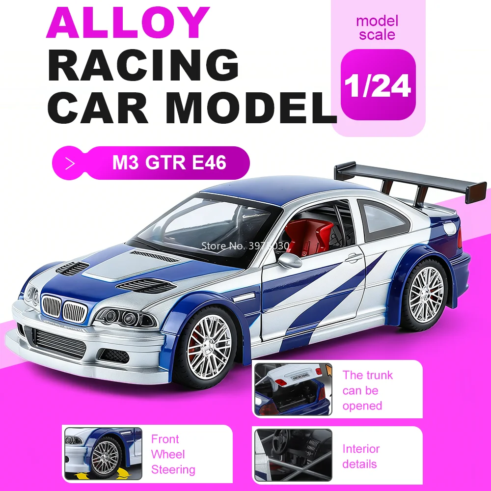 

Масштабная модель автомобиля 1:24 M3 GTR E46 M3 CS LCI, литая под давлением, из сплава, со звуком и светом, с открывающимися передними колесами и дверями, игрушка для мальчиков