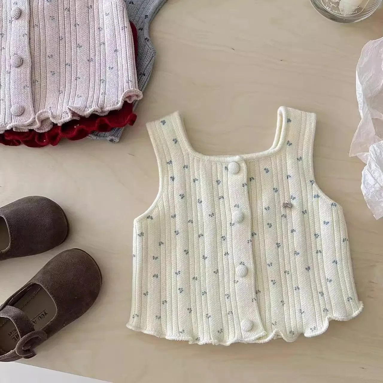 الخريف طفل الفتيات محبوك سترة الرضع الأزهار طباعة واحدة الصدر أكمام البلوزات طفل صدرية 0-3 سنة #2