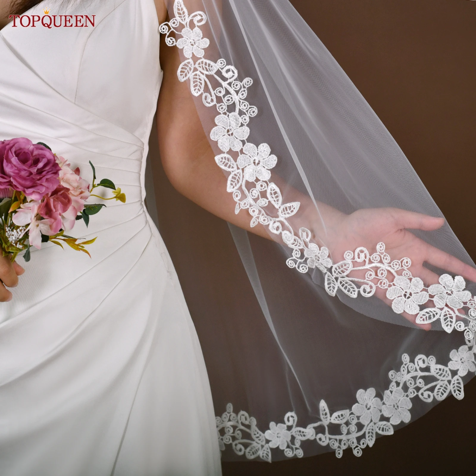 TOPQUEEN V317 طرحة زفاف دانتيل ناعم حجاب زفاف طبقة واحدة أنيقة Rochii رومانسية زهرة دانتيل للتخصيص