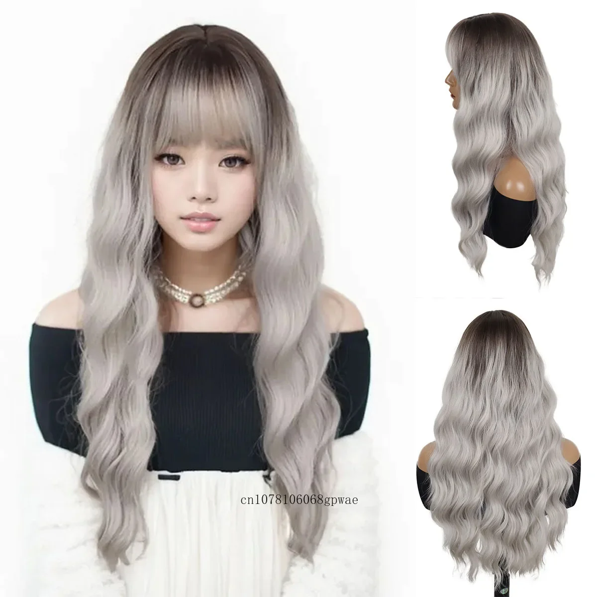 Stylish Ombre Grey Wigs Synthetic Long Wavy Wig for Women Lady Natural Looking Daily Use Cosplay Party High Temperature Fiber