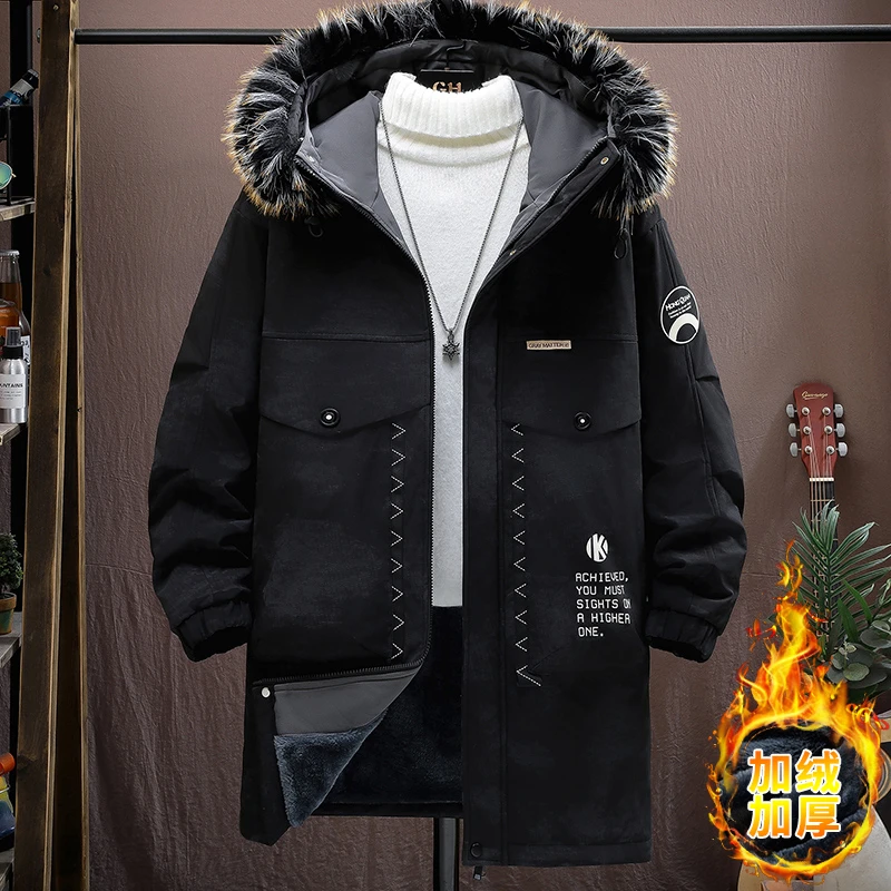 Fashionable Winter Men's Thick Plush Coat Casual Hooded Plush Warm Jacket Cotton Wrapped Windproof Fur Collar Jacket