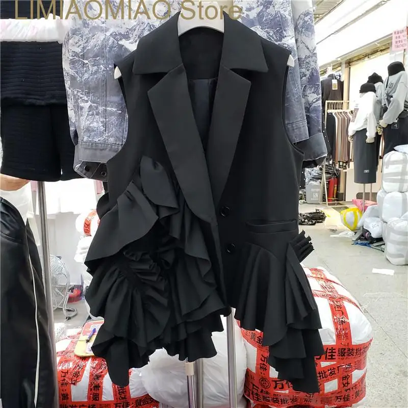 

Spring Summer New Outerwear Irregular Layered Ruffles Design Loose Fashion Black Blazers Vest Women Ruched Casual Waistcoat