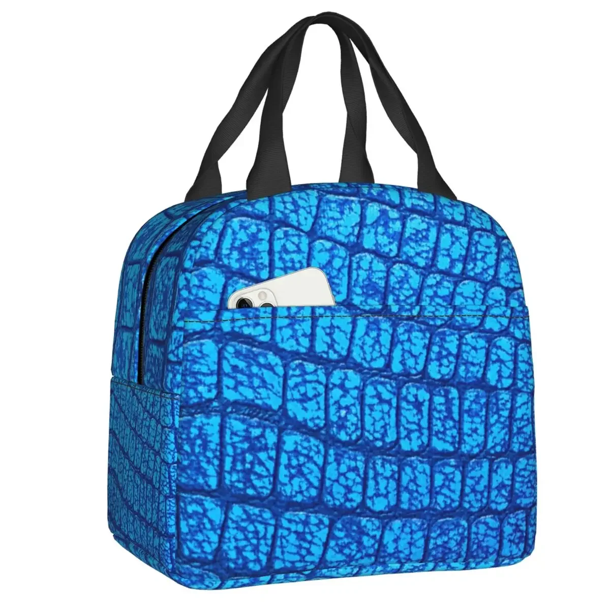 

Blue Crocodile Leather Print Insulated Lunch Bag Leakproof Alligator Animal Skin Thermal Cooler Lunch Tote Office Work School