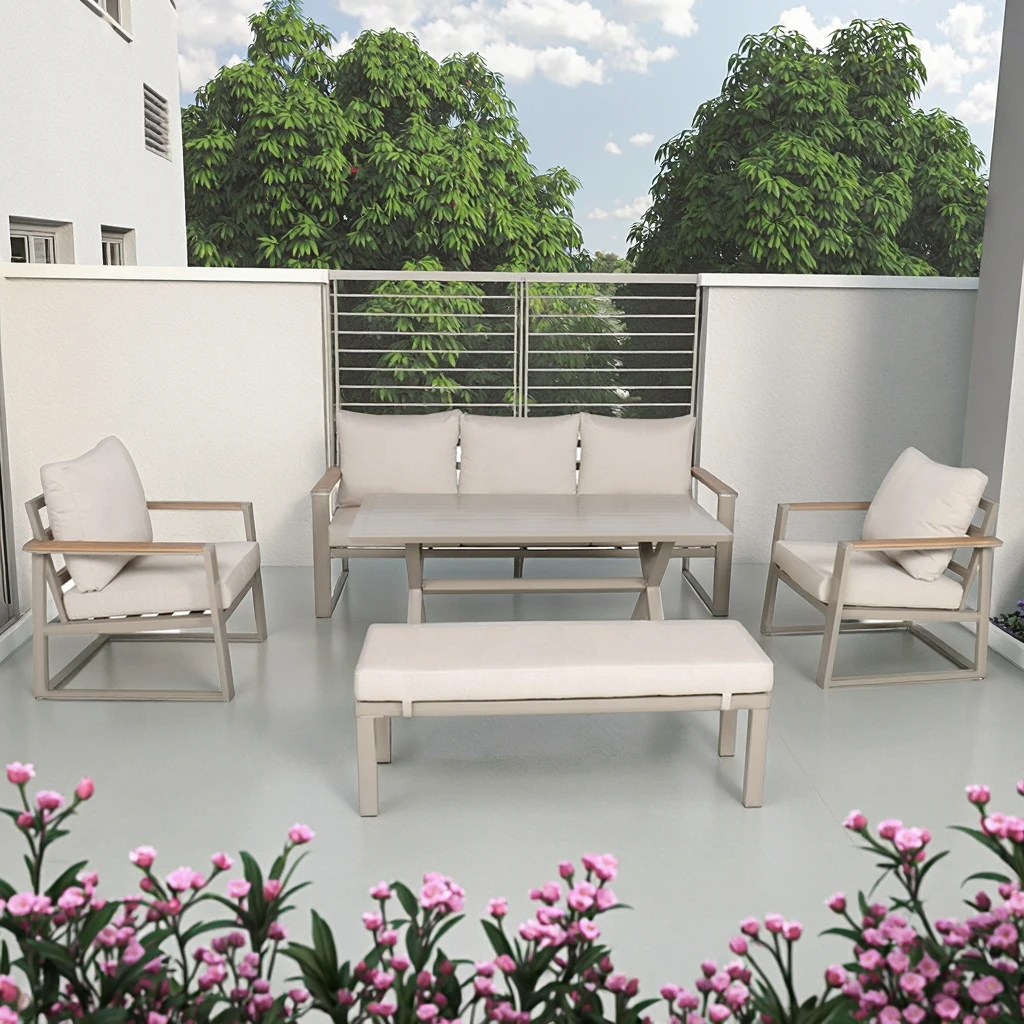 

The New Metal Aluminum Outdoor Furniture Courtyard Garden Sofa Set Includes 2 Single Sofas, 1 Triple Sofa, and 1 Tea Table