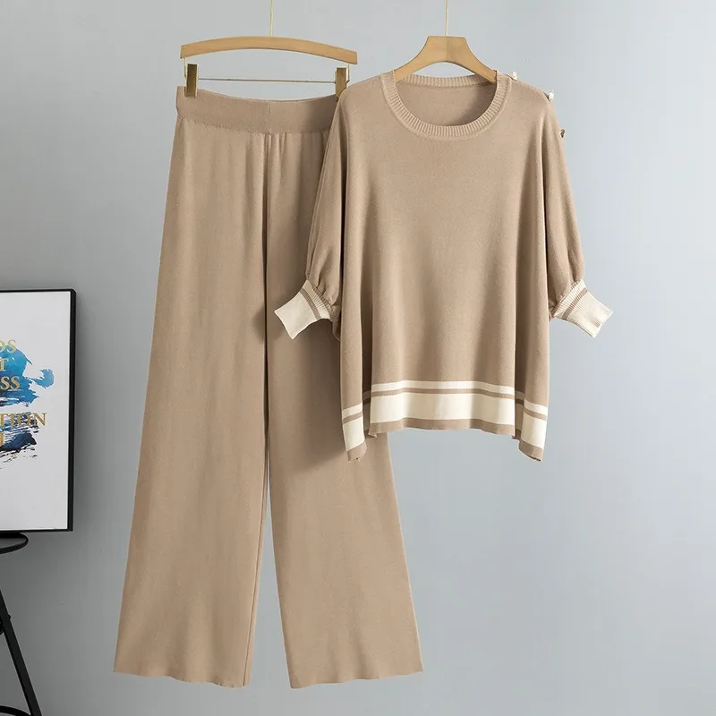 

Knitted Suit Women Spring and Autumn Slim-fit Tight Sleeves Long-sleeved Bat Sweater Tops Wide-leg Pants Two-piece Fashion Set