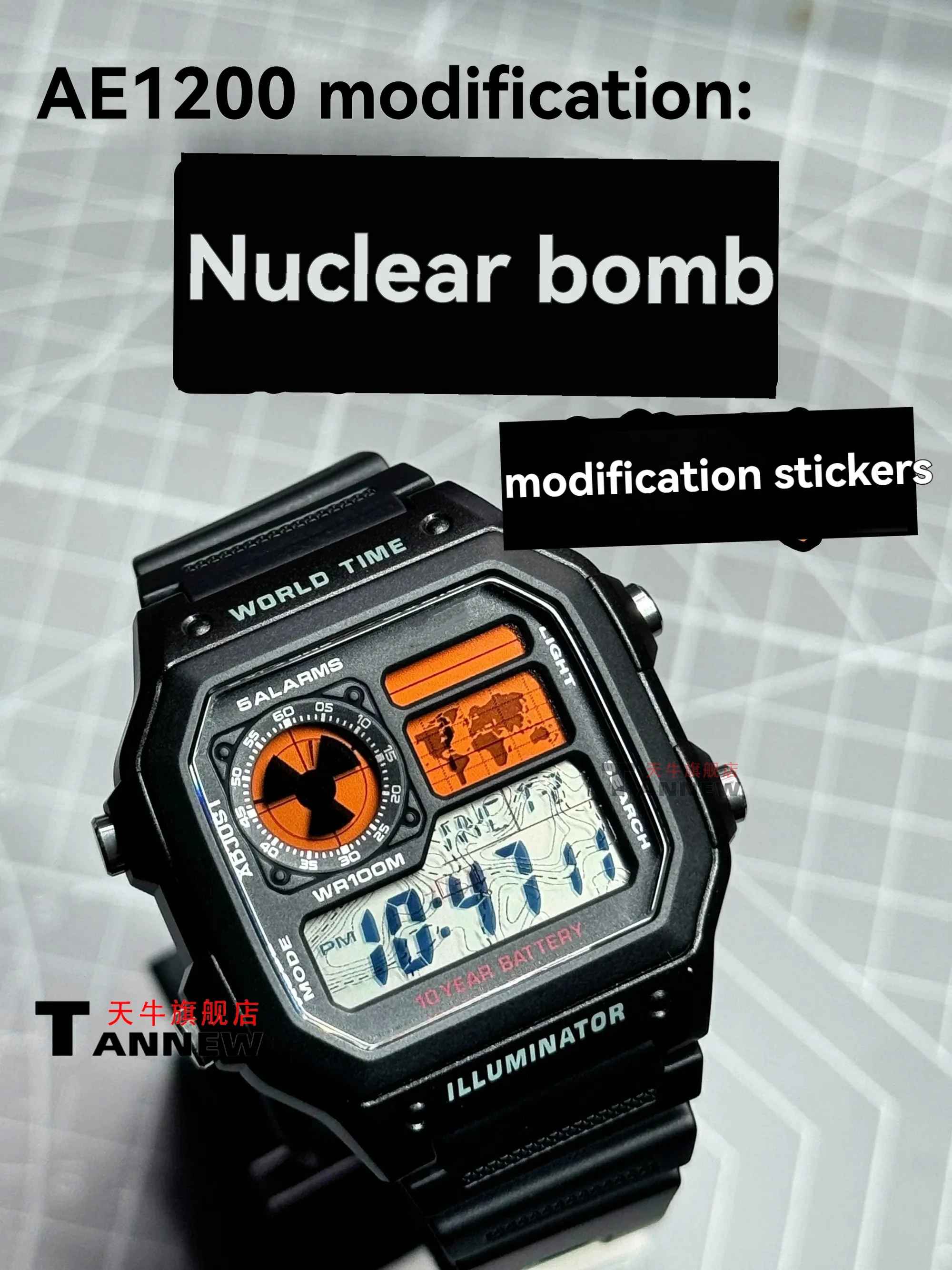 Autocollant graphique pour cadran de montre numérique rétro, design Nuclear B-omb, pour Casio AE-1200 AE-1300 WS-1600