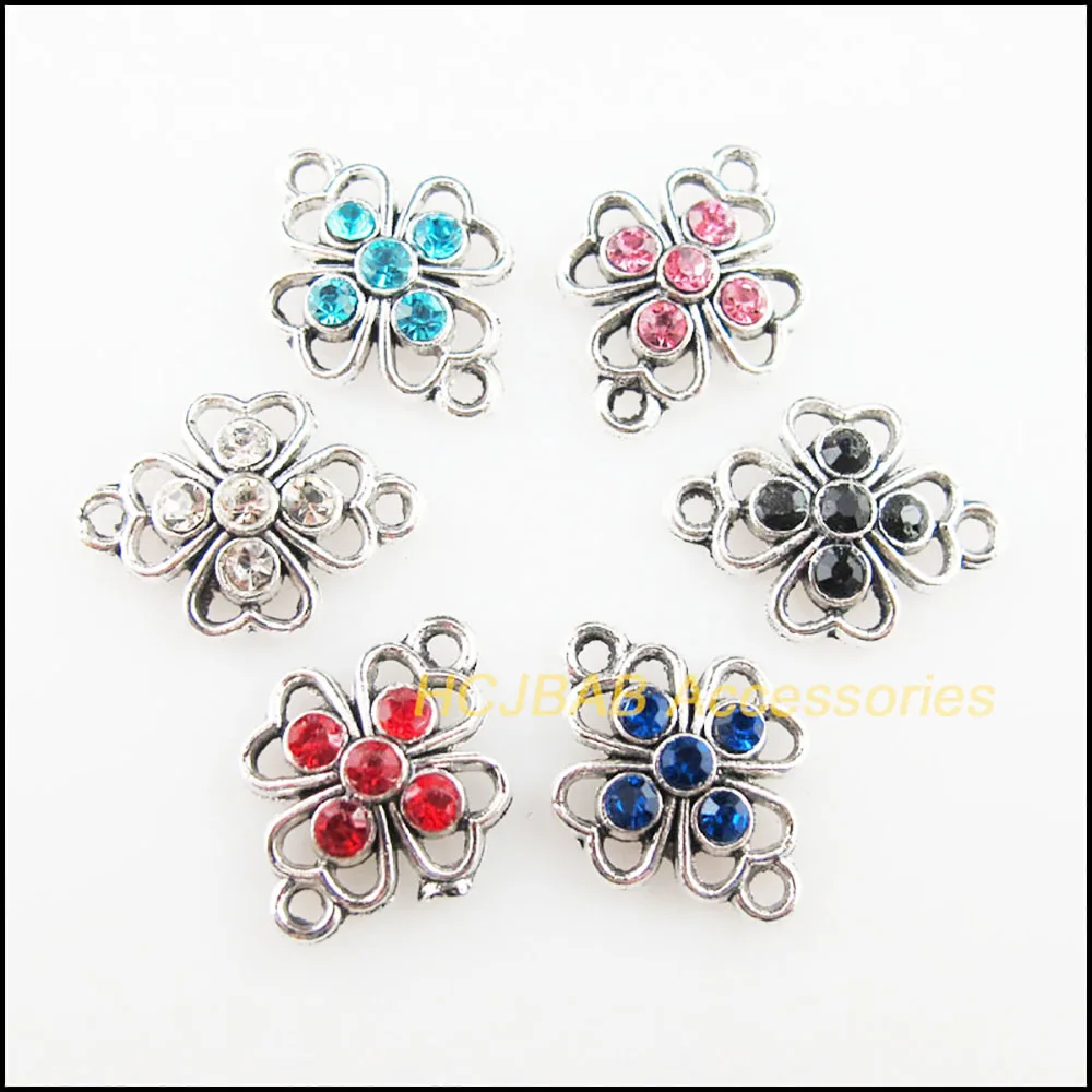12 nouvelles breloques de fleurs, connecteurs mixtes en cristal de couleur argent tibétain, 12.5x15mm