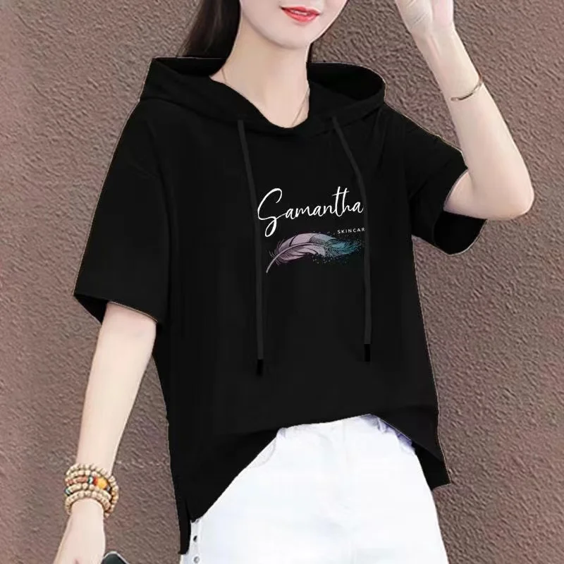 

High-End Cotton Hat T-Shirt Short Sleeve Pure Cotton Hoodie Summer 2025 New Arrival Women's Fashion Guangzhou Thirteenth Factory
