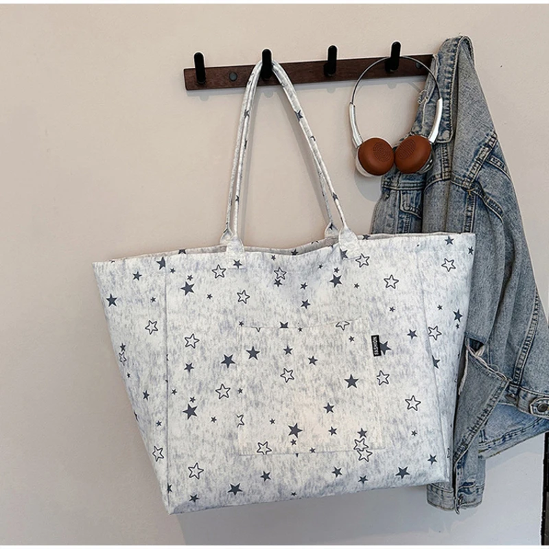 Koreanische Tragetasche mit Sterndruck, Damen-Shopper-Schultertasche, geräumige Handtasche für den täglichen Gebrauch, einfarbig, vielseitig, minimalistisch – Detail 31