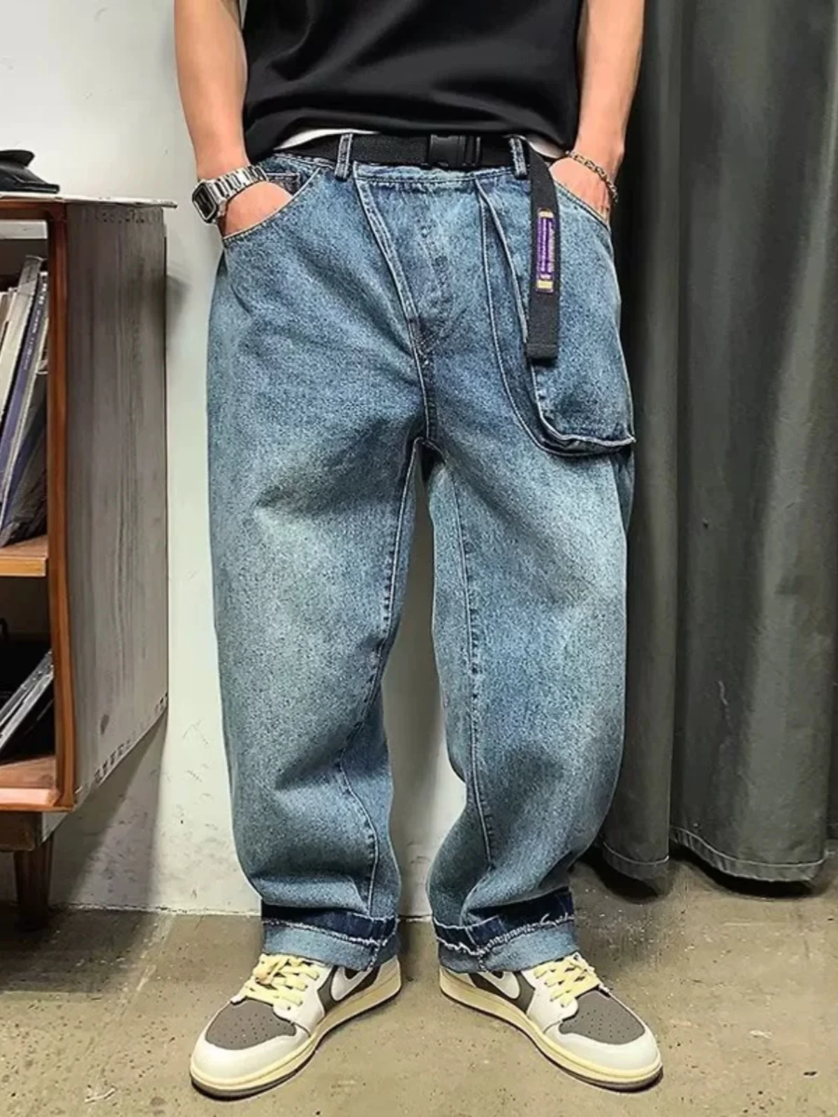 

Мужские джинсы в стиле ретро-американский стрит-хип-хоп, с эффектом потертости, 3D-эффектом, прямого кроя, модные, больших размеров, широкие, длинные брюки