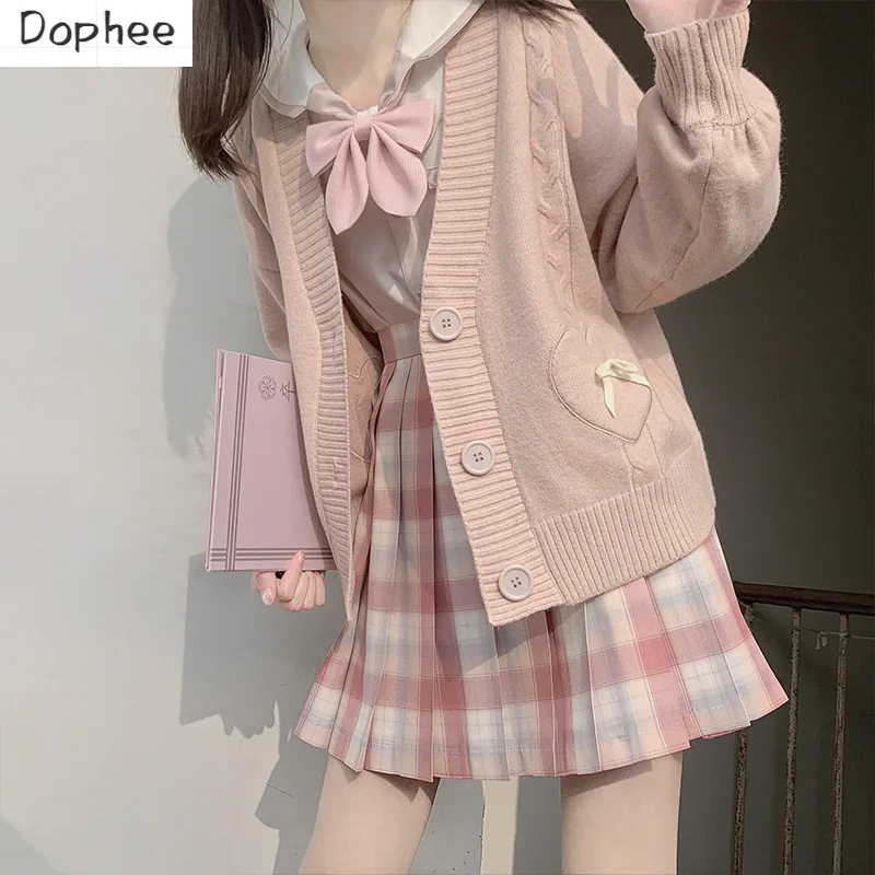 

Preppy Style Love Bow V-neck Knitting Cardigans 2023 New Autumn Cute Women Sweaters Single-breasted Loose Students Knit Coat