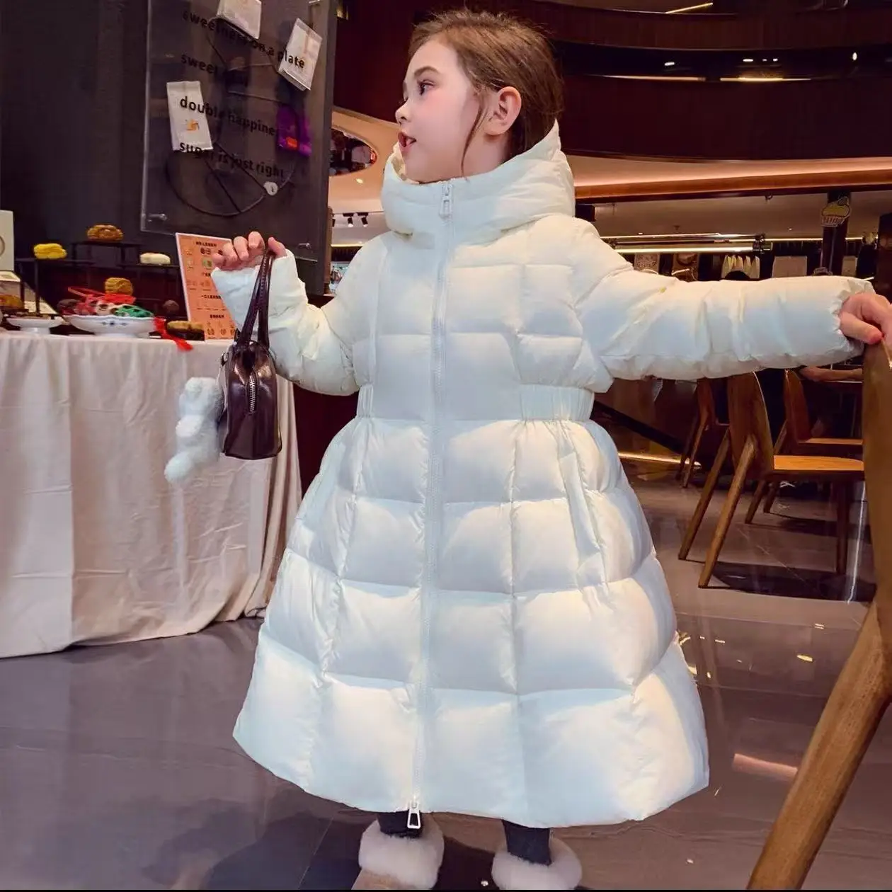 Winter Kids Warm Down Coats Autumn Children Cotton-Padded Jackets Girls Clothing Long Waist Cinching  Hooded Outerwear 2-9 Years