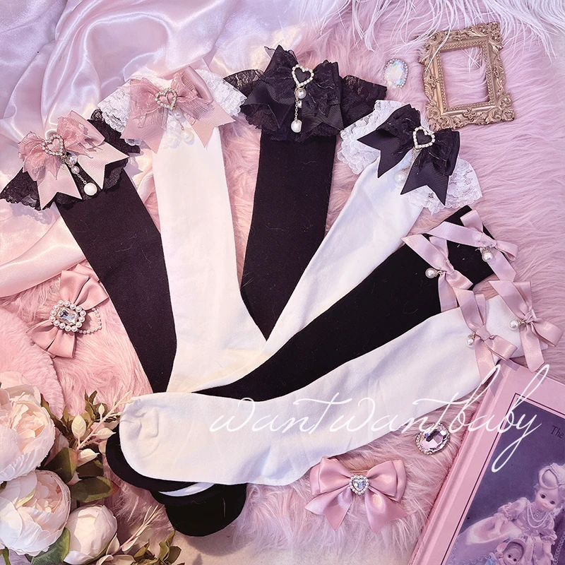 

Japanese Original Handmade Mine Series Mass-produced Lolita Girl Love Bow Lace Socks Medium Tube Socks Calf Knee Sockings Women