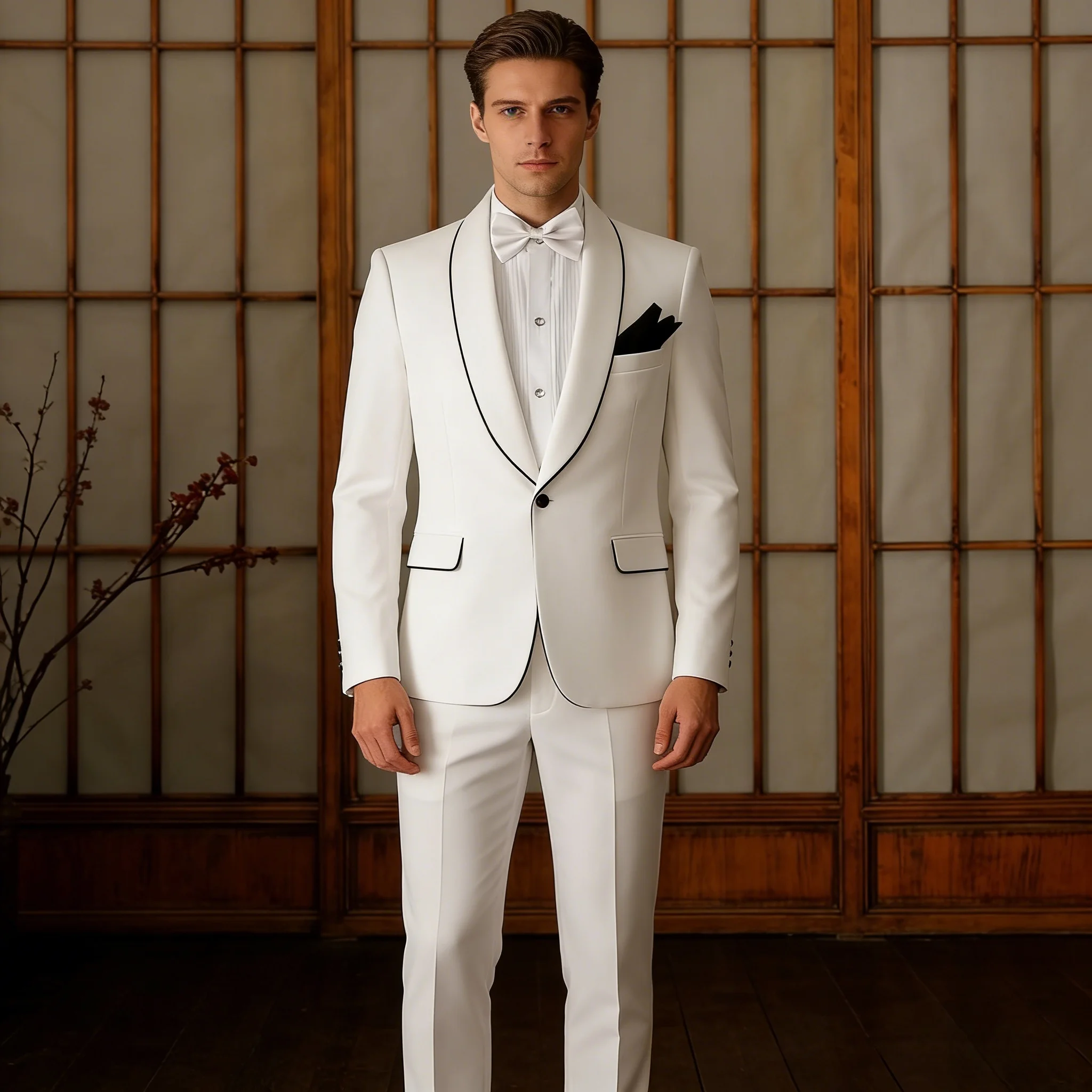 

Мужской приталенный белый смокинг-костюм из 2 предметов: модный повседневный пиджак и брюки для певцов, ведущих, на вечерние мероприятия, свадьбы, для дирижеров, для выступлений на сцене