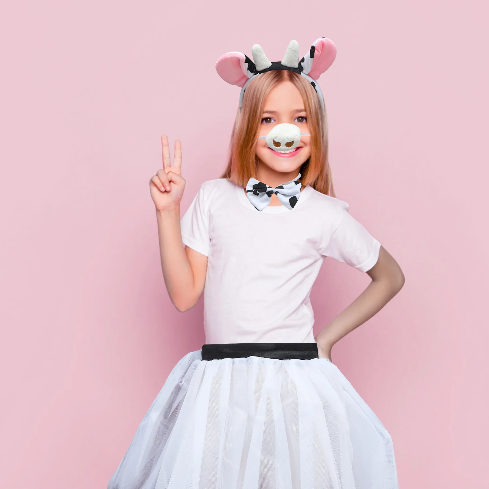 Zestaw Kostiumu Krowy Akcesoria do Cosplay Uroczy Motyw Zwierzęcy Opaska na Głowę Muszka Ogon Spódnica Nos Dekoracja na Halloween Prezent dla Dzieci