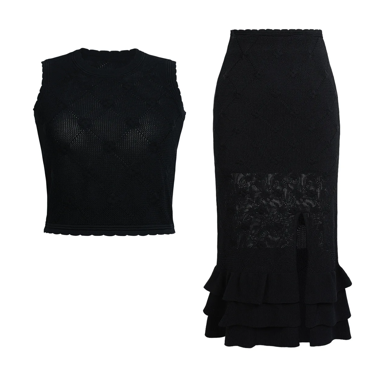

Korean Solid Casual Knit Sets Women O Neck Sleeveless Sweater Vest Tops+High Waist Slim Skirt Fashion Hook Flower Hollow Suits