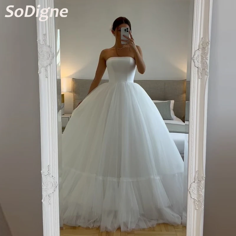 

SoDigne A-line Sleeveless Wedding Dresses Tulle Strapless Bridal Dress Boho Long Bride Gown vestidos de novia Customized