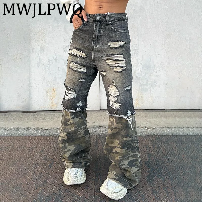 

MWJLPWQ American Style Camouflage Patchwork Straight Jeans Men's Street Fake Two Piece Unisex Trendy Cleanfit Long Pants 12464