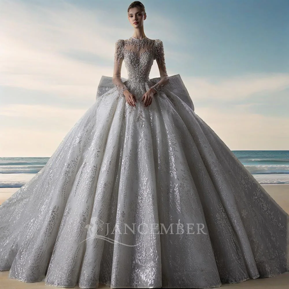 Customized High-neck wedding Dresses Illusion Full Sleeves Sparkly Sequins Bride Gown Ball Gown Long Robe Vestido De Novia