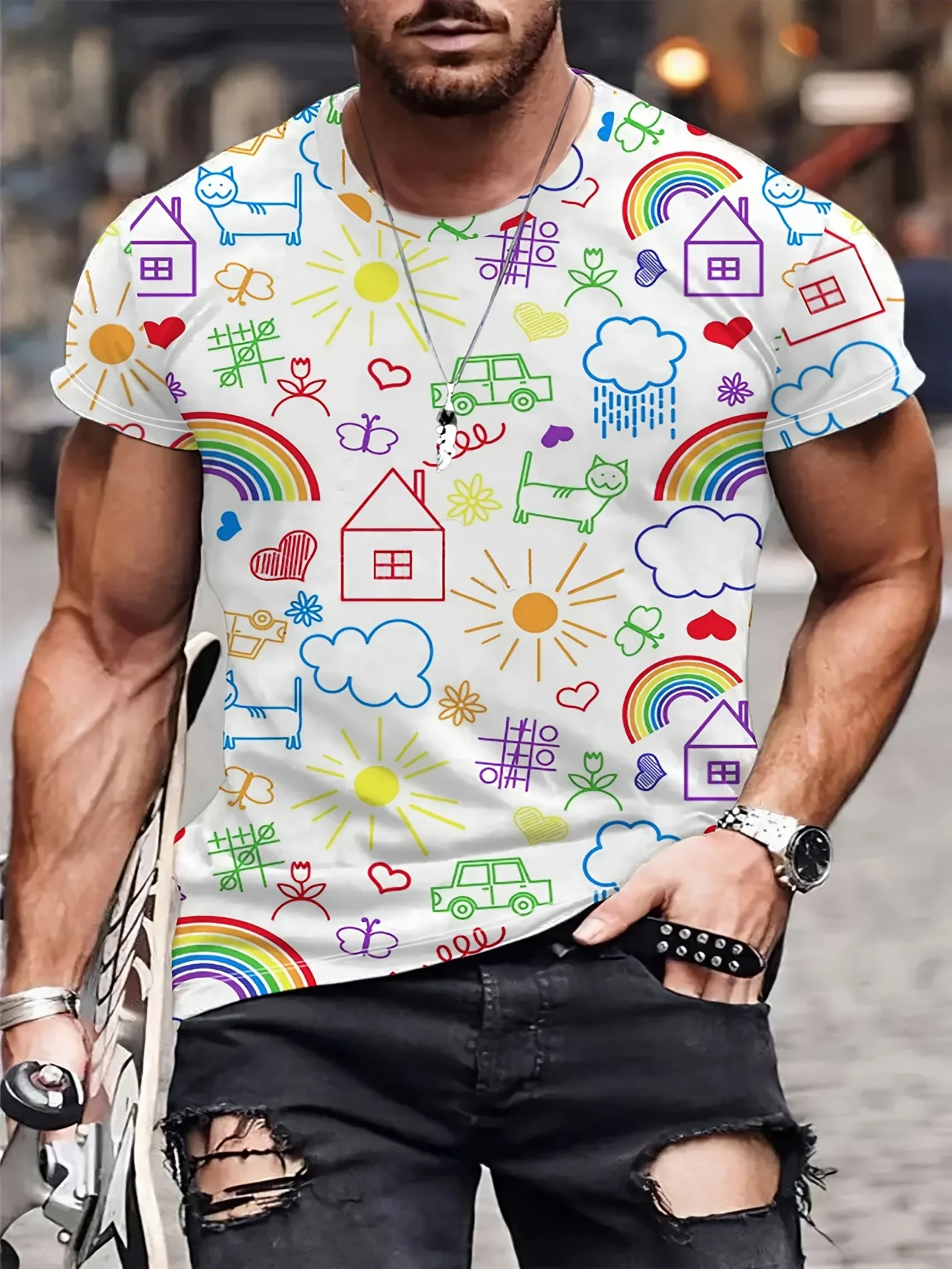 Men Cartoon Doodle House Rainbow Sun All Over Print Casual Short Sleeve T Shirt