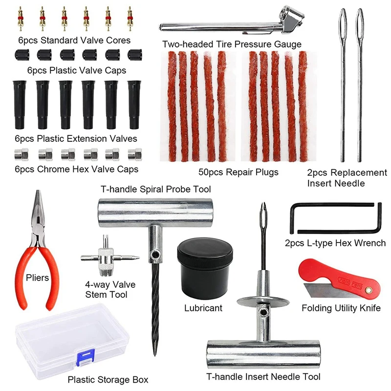 87Pcs Auto Tire Repair Kit Heavy Duty Tubeless Car Tire Repair Tool For Car, Truck, Caravans, Trailer, Camper,Motorcycle