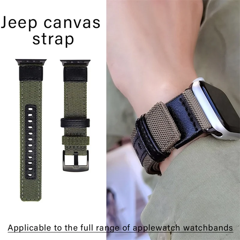 Strap For Apple watch band 44mm 45mm 41mm 40mm Jeep Canvas Nylon+Leather Bracelet iwatch Series 3 4 5 6 SE 7 8 Ultra 49mm Band