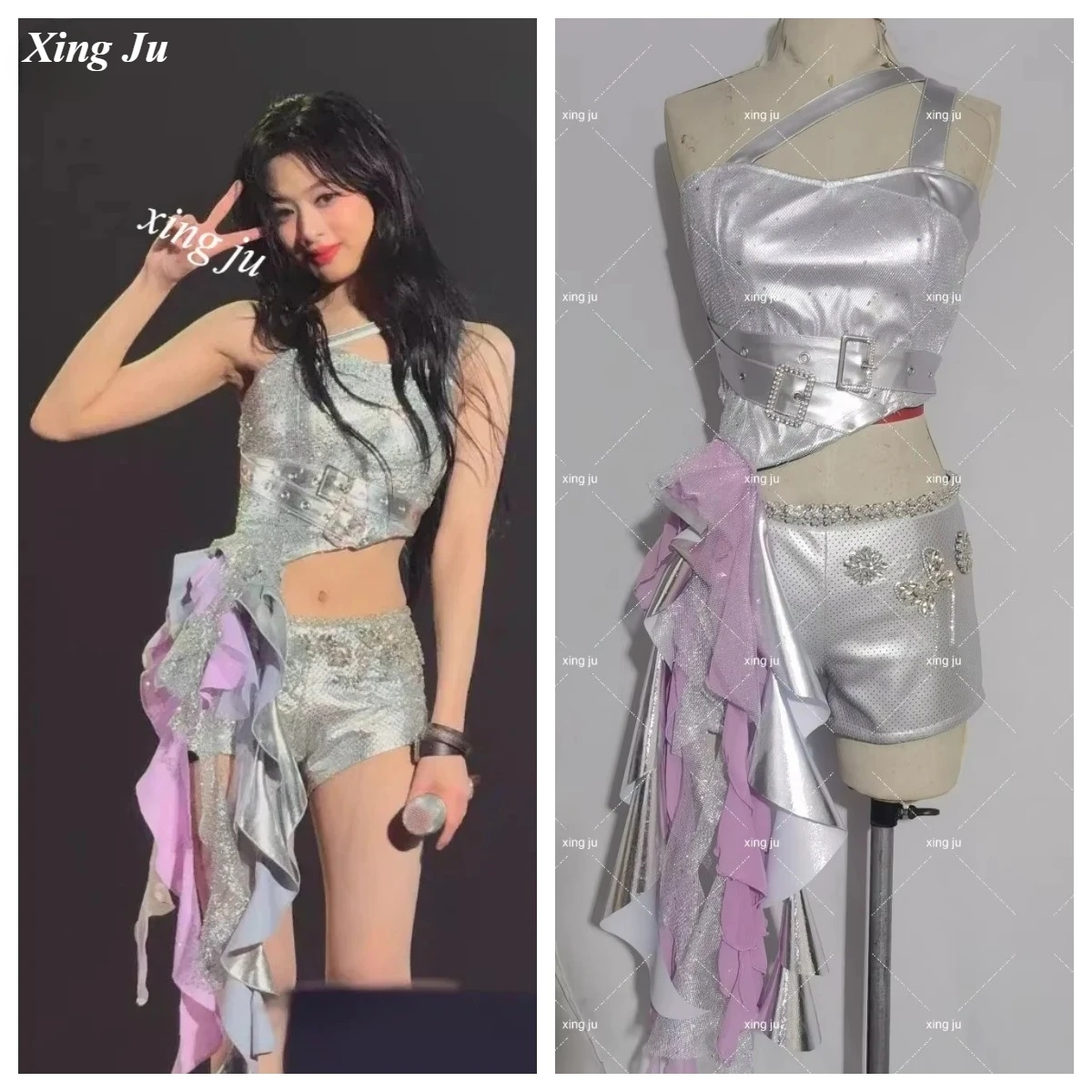

Xing Ju Women Singer Jazz Dance Sexy Strapless Sling Crop Tops Shiny Tight Shorts Kpop Outfits Party Stage Performance Costumes