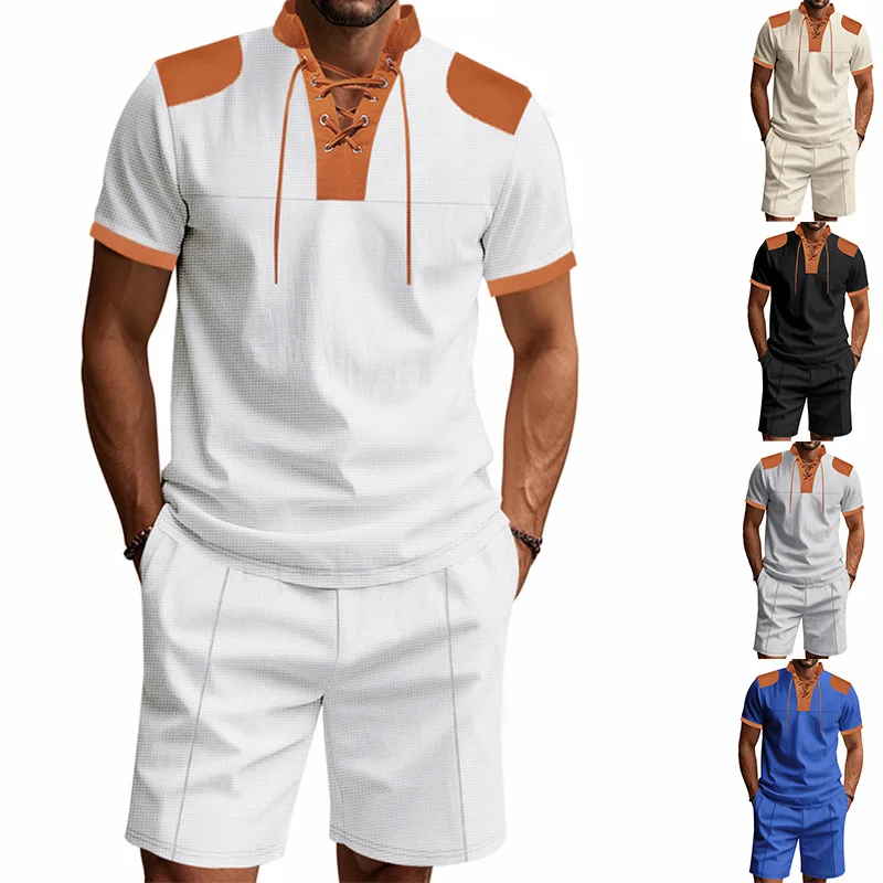 

Men Short Sleeve T Shirts Two Pieces Drawstring Shorts Knee Length Pants Summer Loose Casual Pockets Spliced Sports Sets