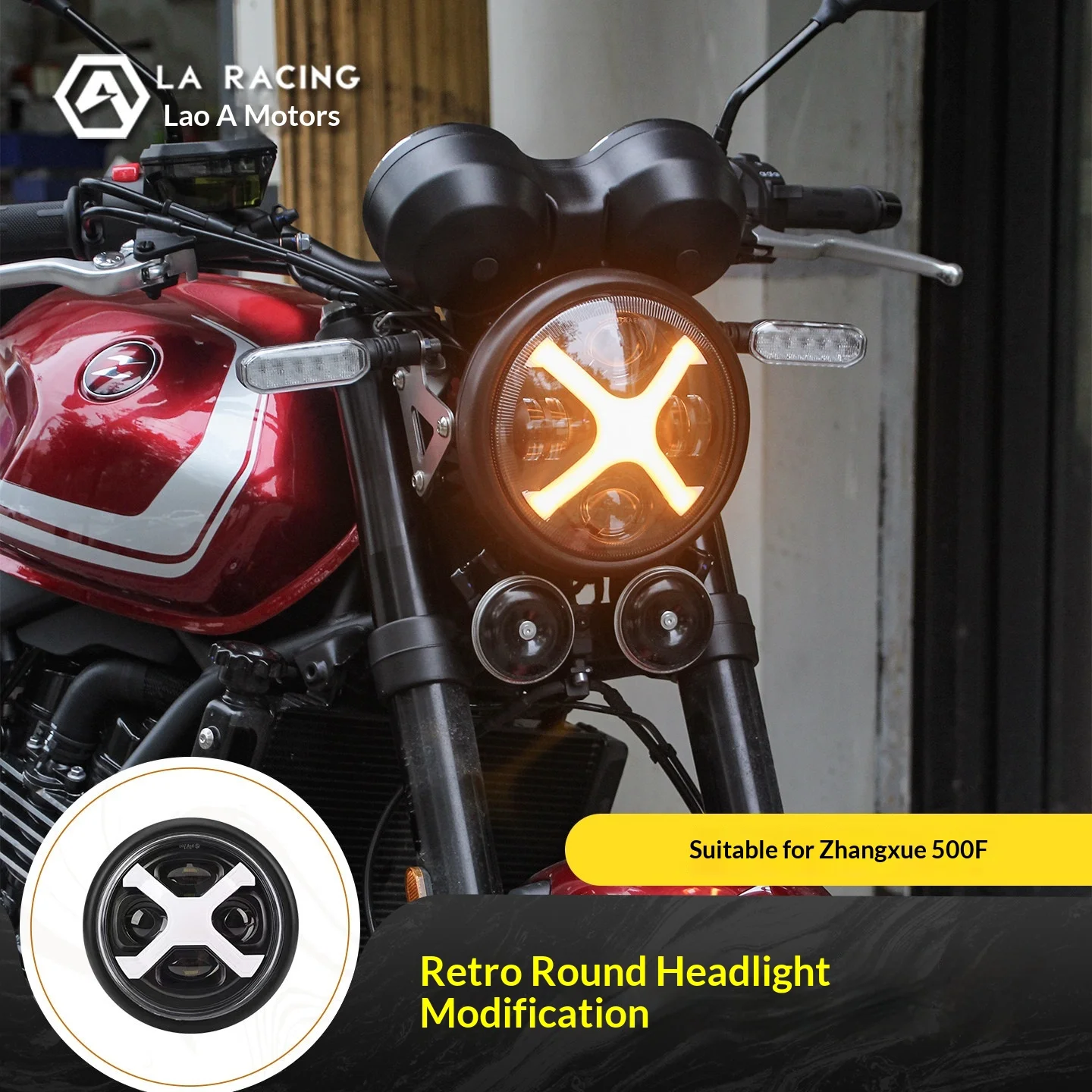 【Premium】For ZXMOTO 500F motorcycle retro round headlight assembly, headlight assembly, front headlight modification