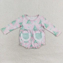 Wholesale Baby Girl Christmas Tree Bows One Piece Newborn Toddler Pink Romper Kids Children Long Sleeves Infant Bubble Jumpsuit