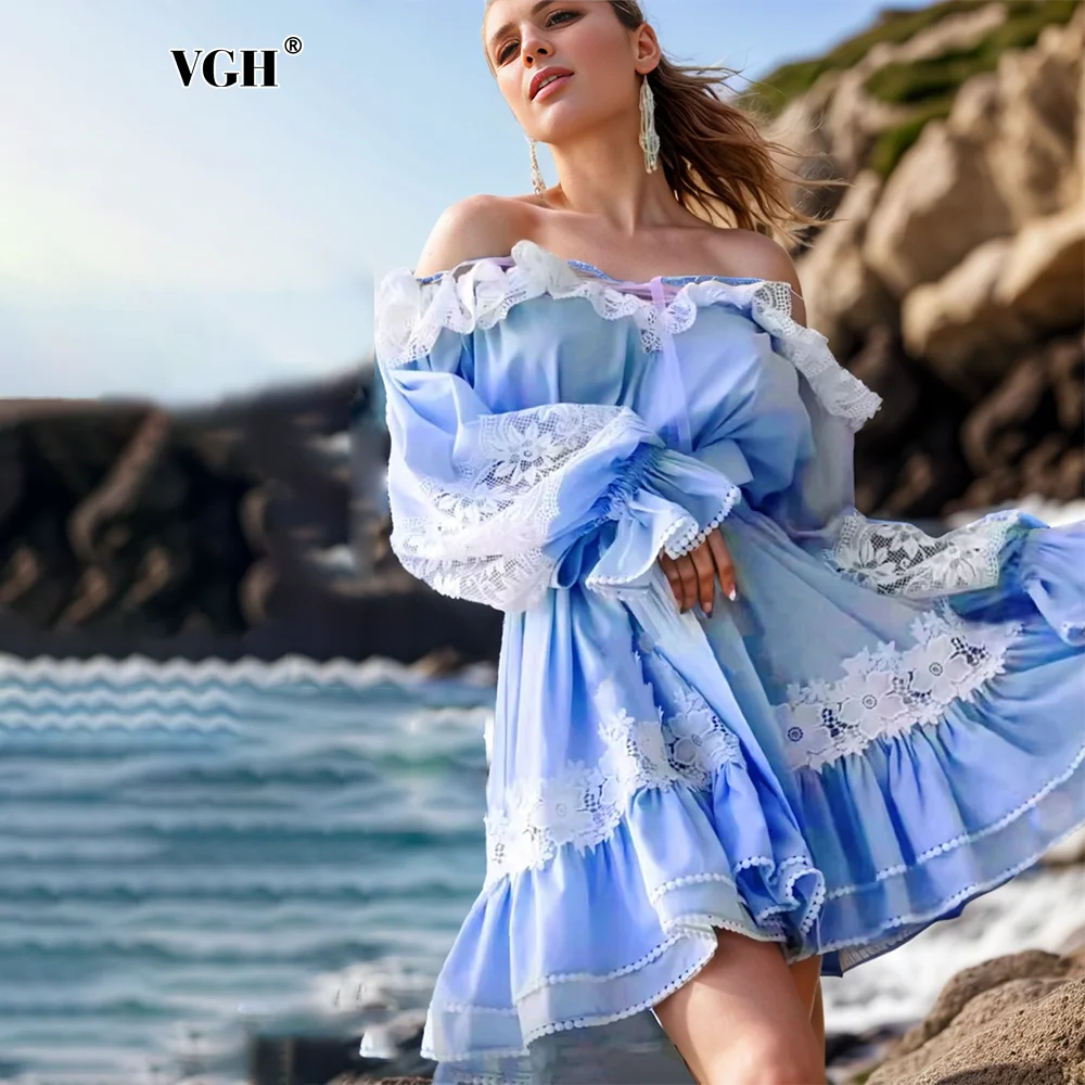 

VGH Hollow Out Patchwork Lace Up Elegant Dress For Women Slash Neck Flare Sleeve Backless High Waist Temperament Dresses Female